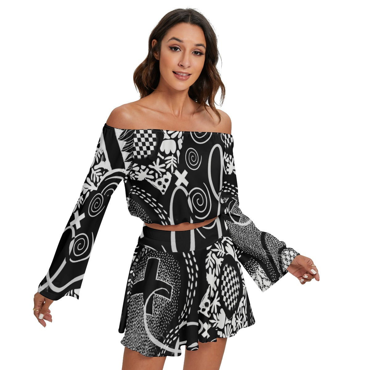 “Scribble”  Women's Off-shoulder Top And Skirt Set
