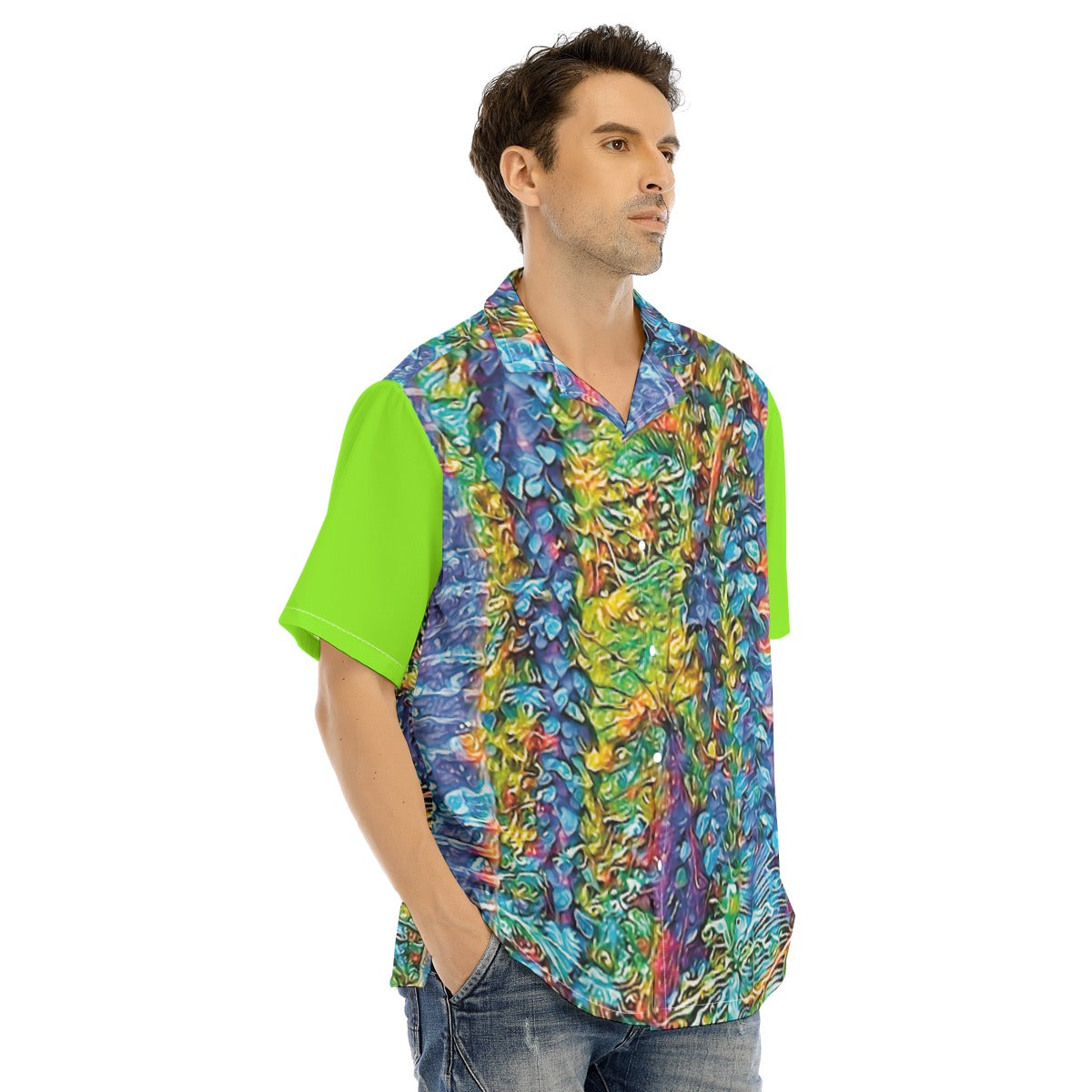 “Flouro Jungle” Men's Hawaiian Shirt With Button Closure
