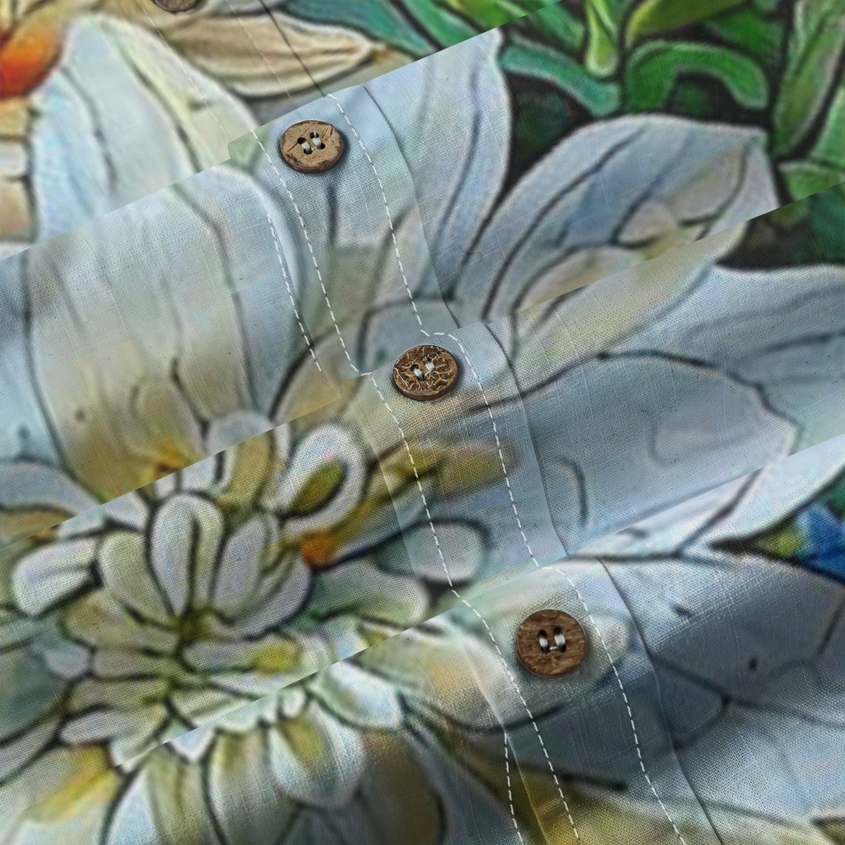 “White Floral Medley” Men's Casual Lapel Long Sleeve Shirt|125GSM Cotton