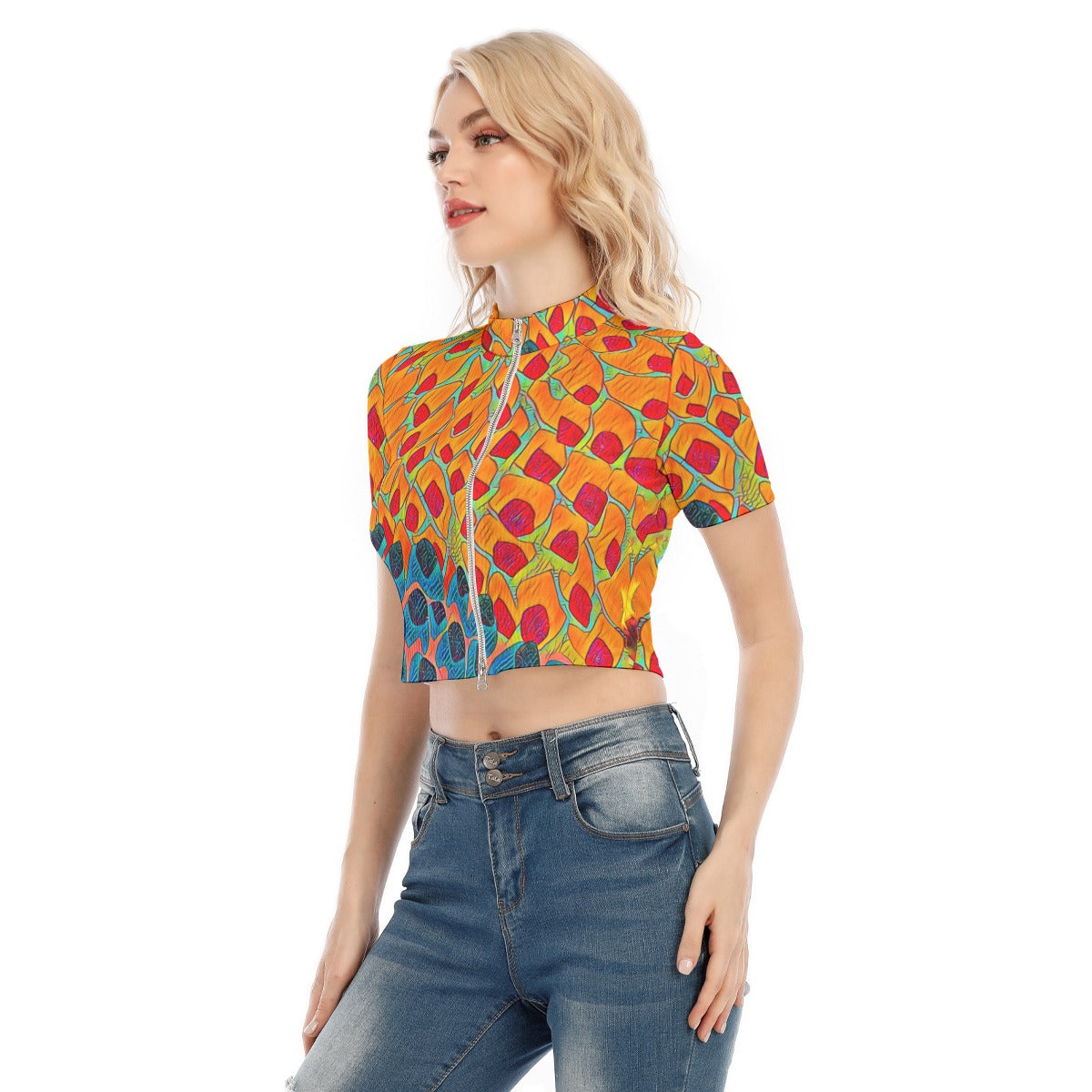 “Fractured Sunset” Short Sleeve T-shirt with Two-way Zipper