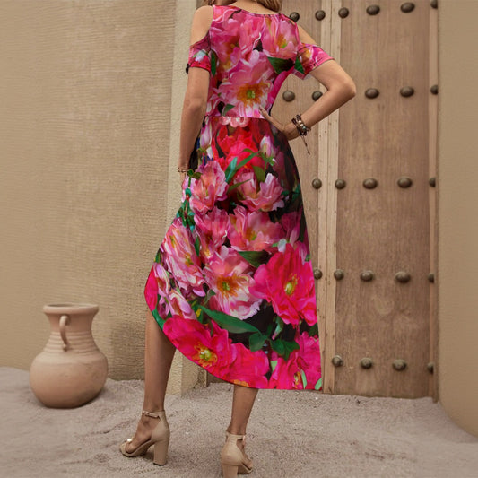 “Summer Blush” Women's V-neck Off-shoulder Dress