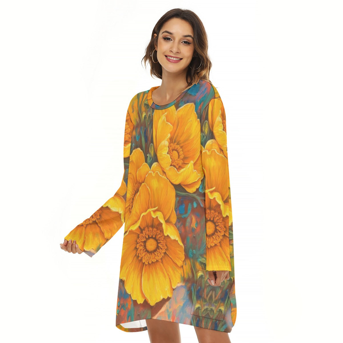 “Golden Cascade” Women's Loose Crew Neck Dress
