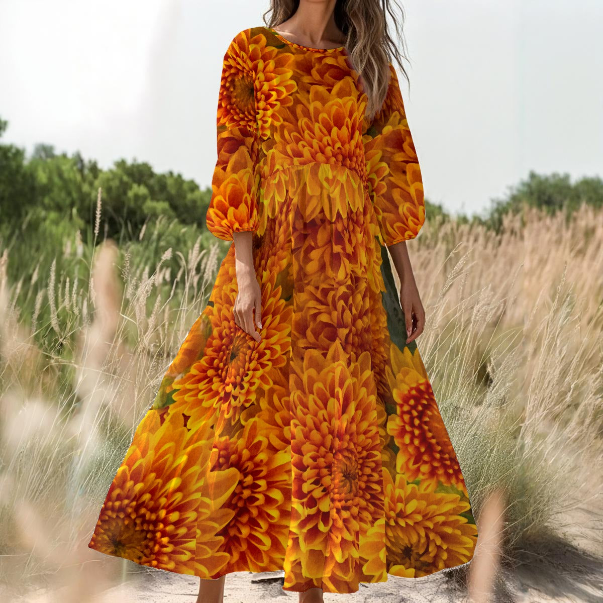 “Orange Chrysanthemum” Women's Long Sleeve Dress