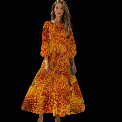 “Orange Chrysanthemum” Women's Long Sleeve Dress