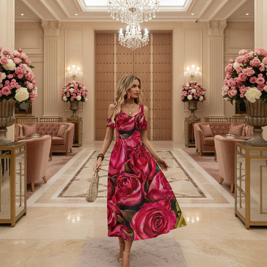 “Rose Red” Women's V-neck Off-shoulder Dress