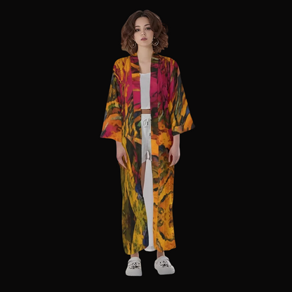 “Golden Flux”  Women's Long Satin Kimono Robe