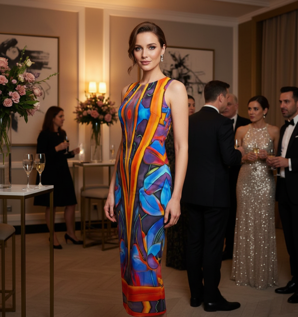 “Electric Bloom” Women's Chiffon Sleeveless Dress