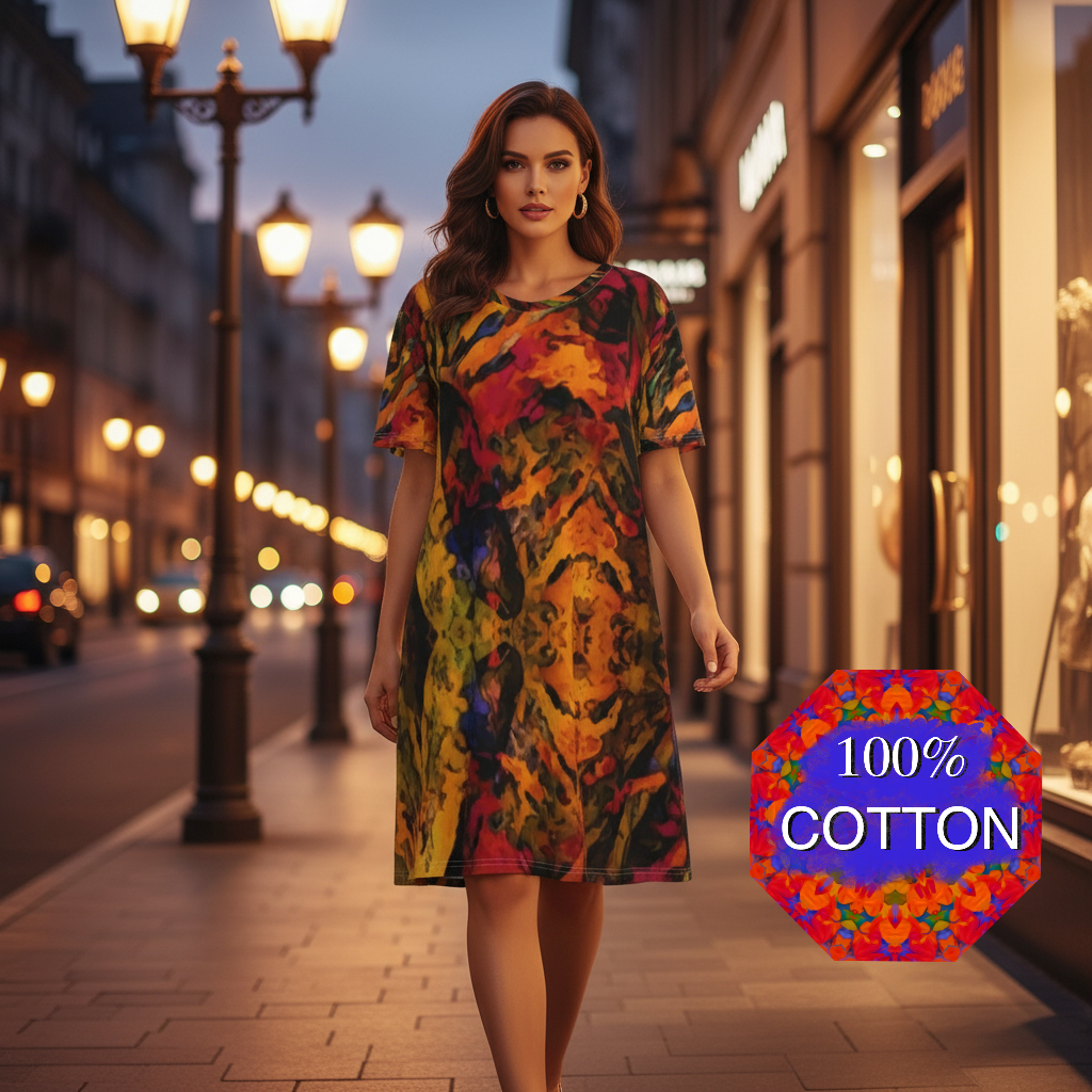 “Golden Flux”  Women's Waist Tight Dress | 190GSM Cotton