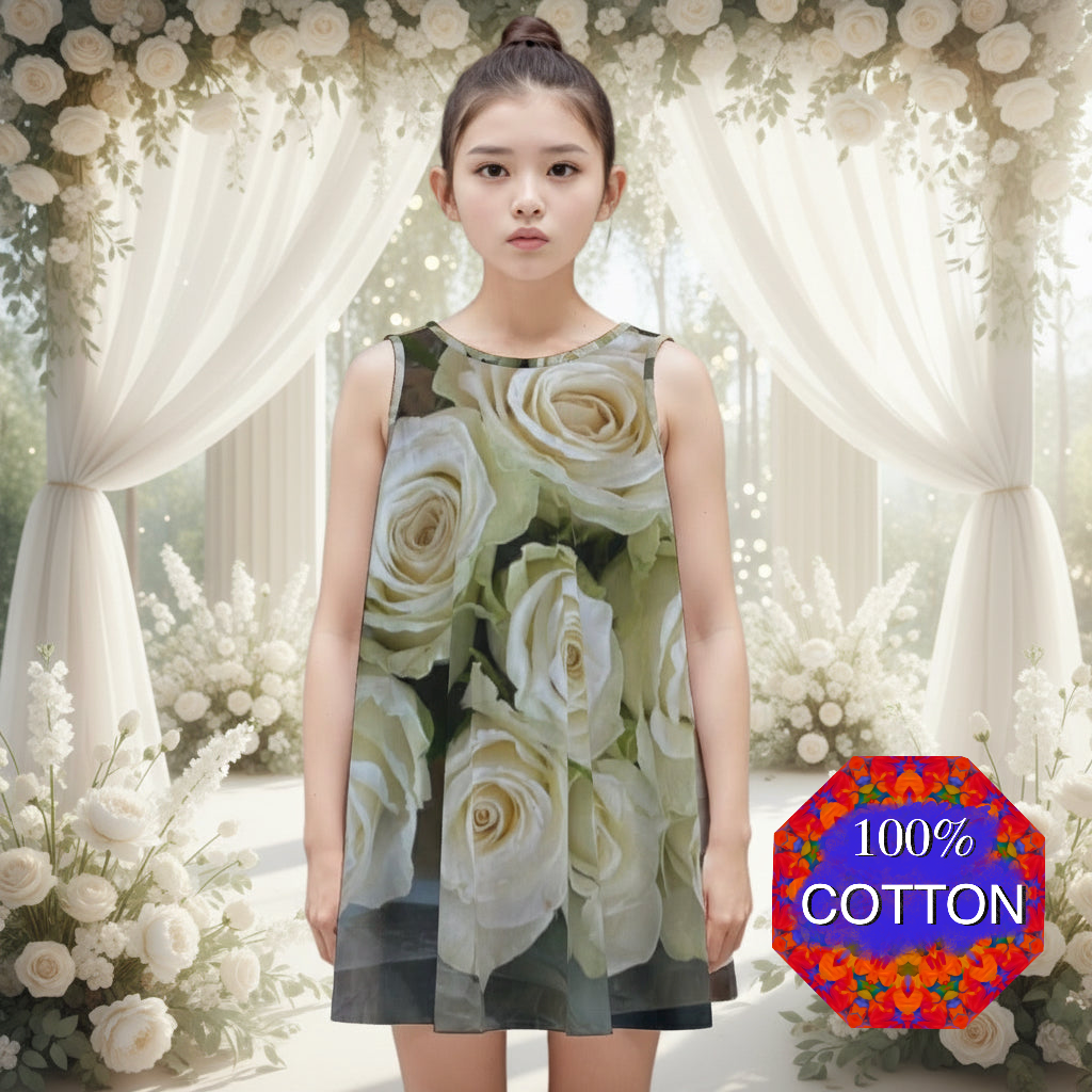 “White Roses” Kid's Sleeveless Dress | 180GSM Cotton