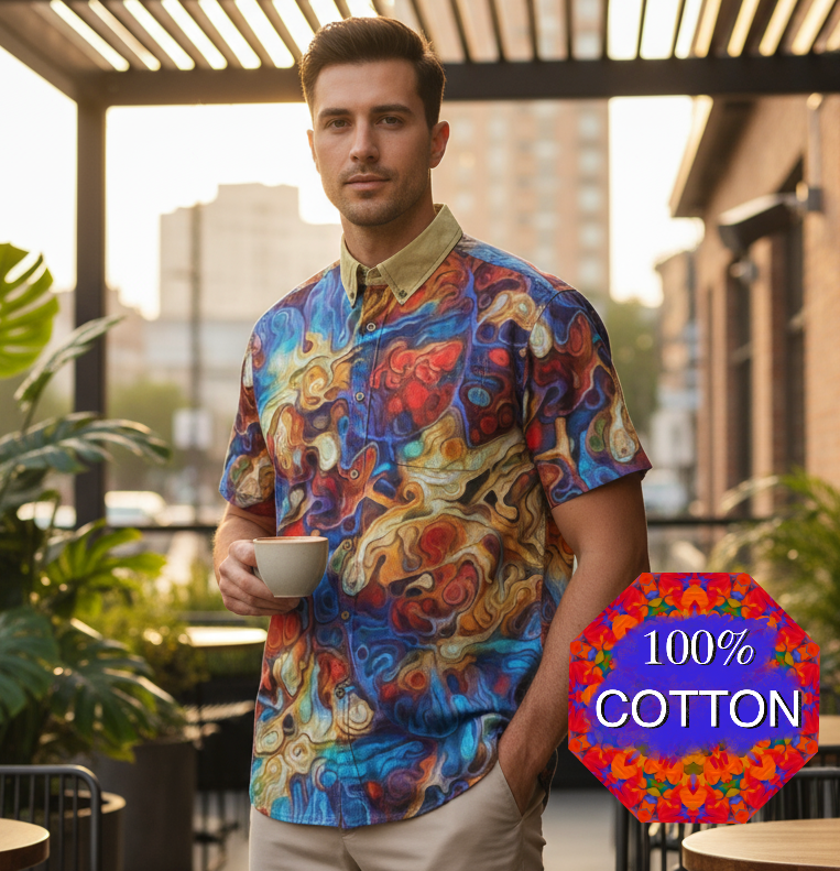 “Marbled Tides II” Men's Breathable Cotton Shirt|125GSM