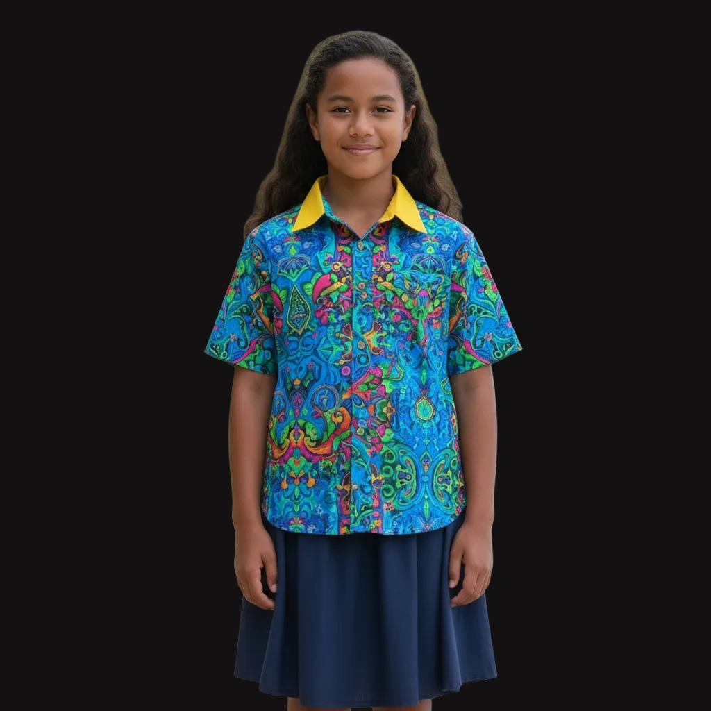 “Labyrinth” Blue Children's Shirt With Pocket | 125GSM Cotton