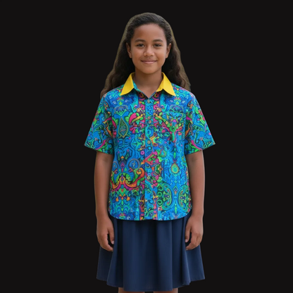 “Labyrinth” Blue Children's Shirt With Pocket | 125GSM Cotton