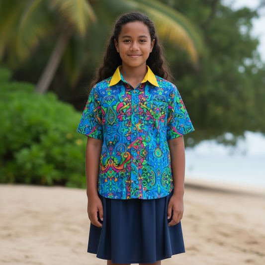 “Labyrinth” Blue Children's Shirt With Pocket | 125GSM Cotton