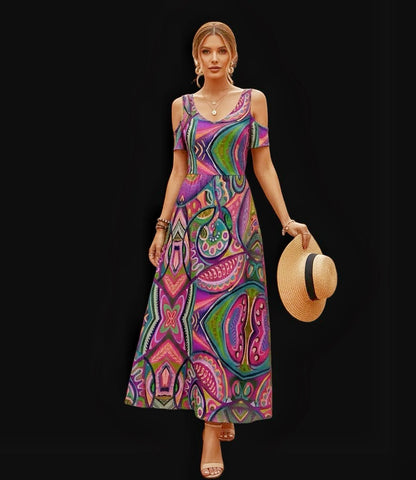 “Colour Burst” Women's V-neck Off-shoulder Dress