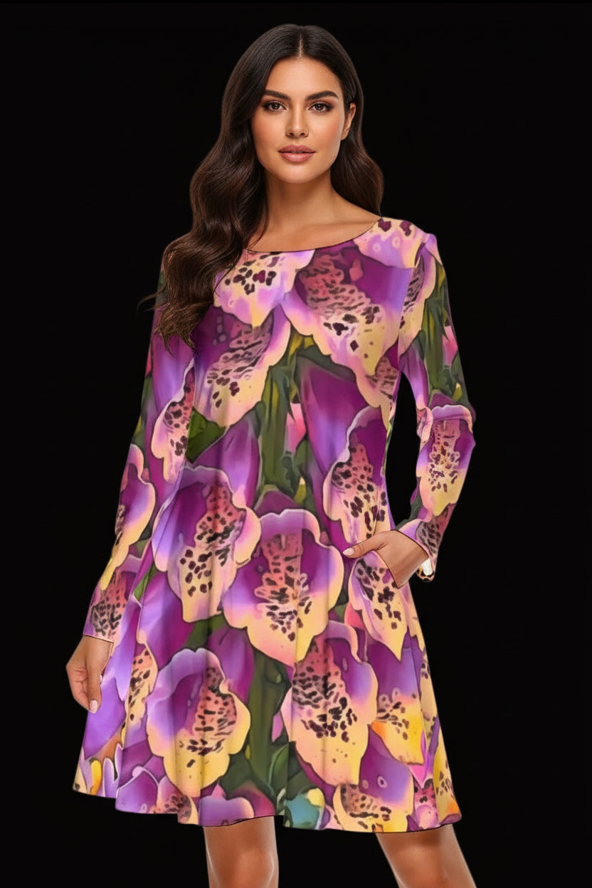 “Foxglove Cascade“ Women's Round Neck Dress|190GSM Cotton