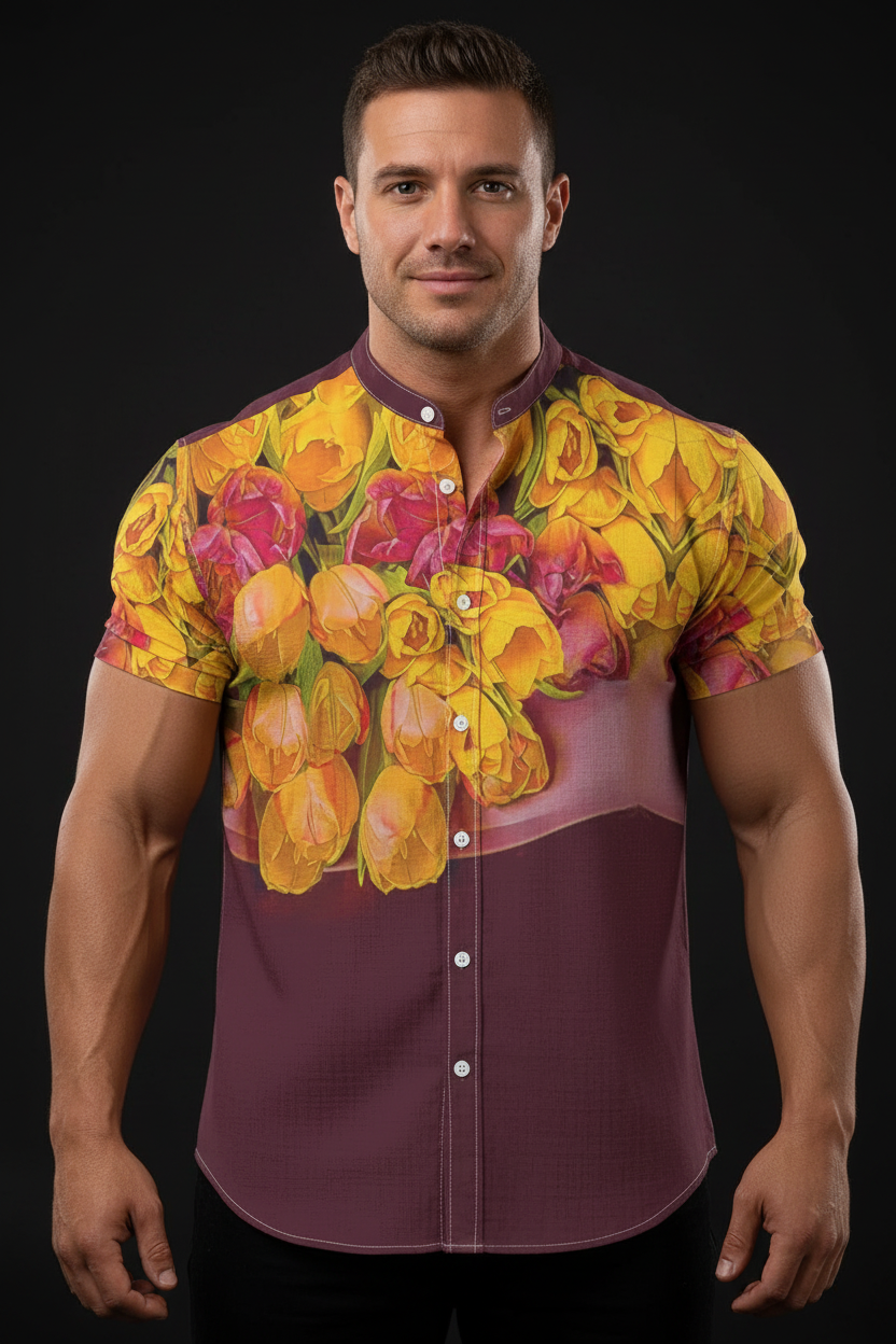 “Radiant Harmony” Men's Stand Collar Shirt|115GSM Cotton poplin