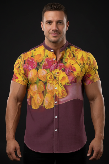 “Radiant Harmony” Men's Stand Collar Shirt|115GSM Cotton poplin