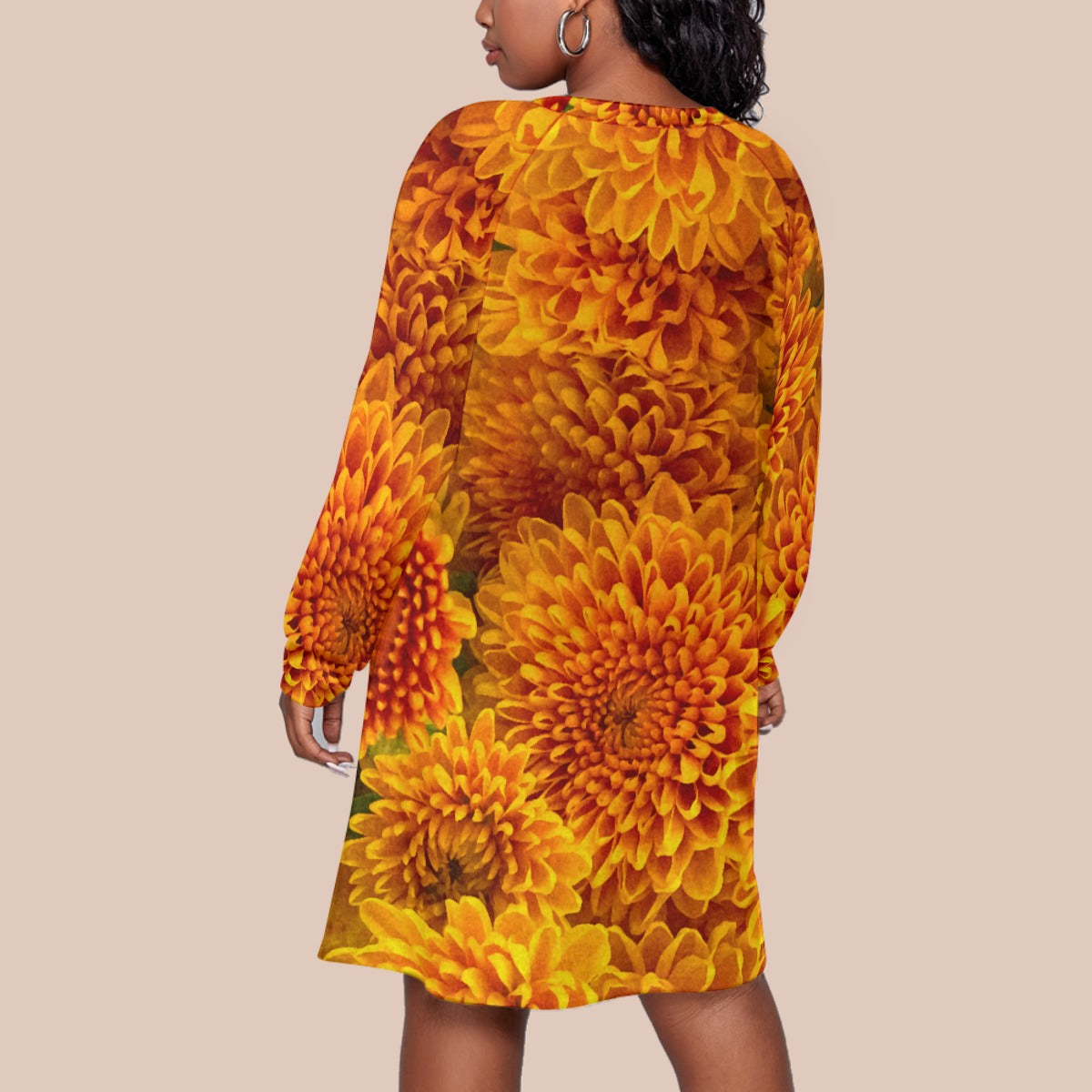 “Orange Chrysanthemum” Women's Dress With Raglan Sleeve(Plus Size)