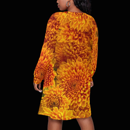 “Orange Chrysanthemum” Women's Dress With Raglan Sleeve(Plus Size)