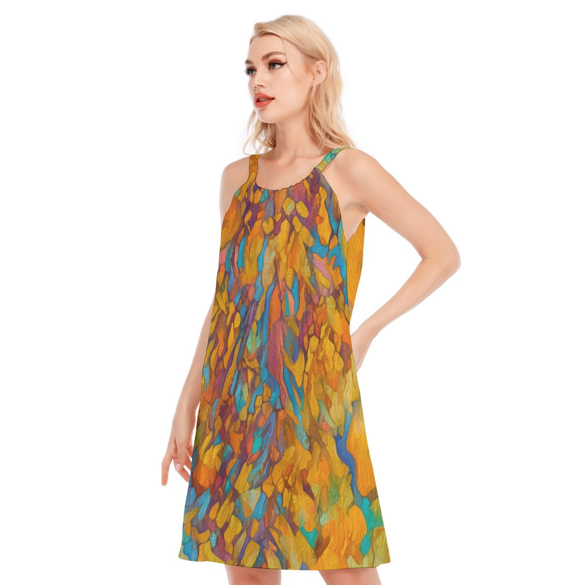 “Gilded Pathways” Women's O-neck Cami Dress | 190GSM Cotton