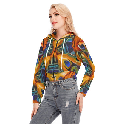 “Exotic Rhythms” Women's Crop Top Hoodie With Zipper Closure