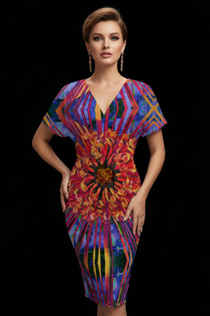 “Protea”  V-neck pleated dress