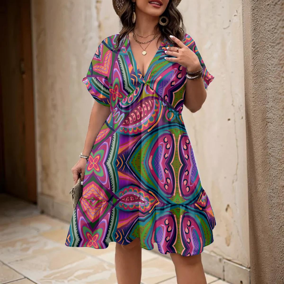 “Colour Burst”  Women’s Floral V-Neck Short Sleeve Dress