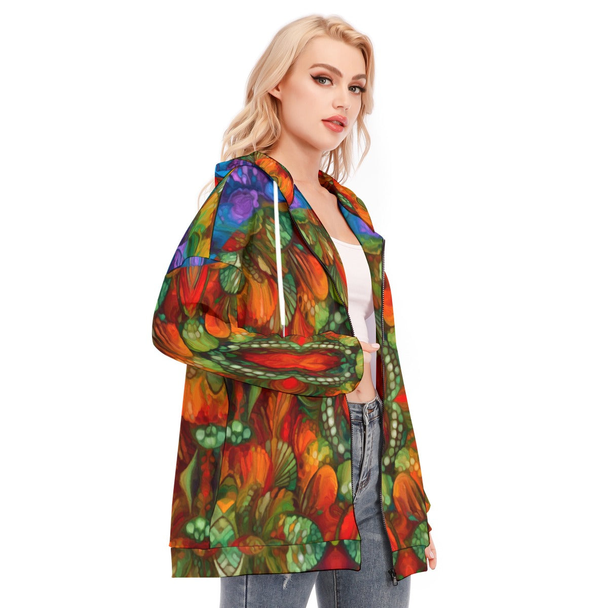 “Kaleidoscopic Spectrum” Women's Long Hoodie With Zipper Closure