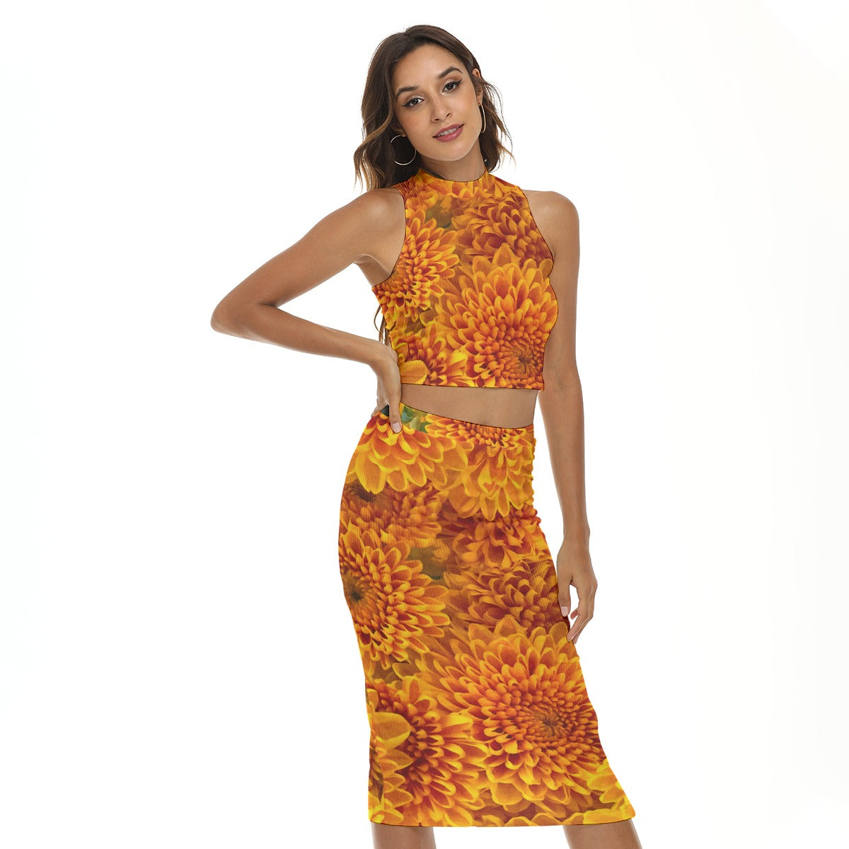“Orange Chrysanthemum” Women's Tank Top & Split High Skirt Set