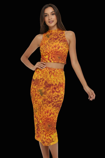 “Orange Chrysanthemum” Women's Tank Top & Split High Skirt Set