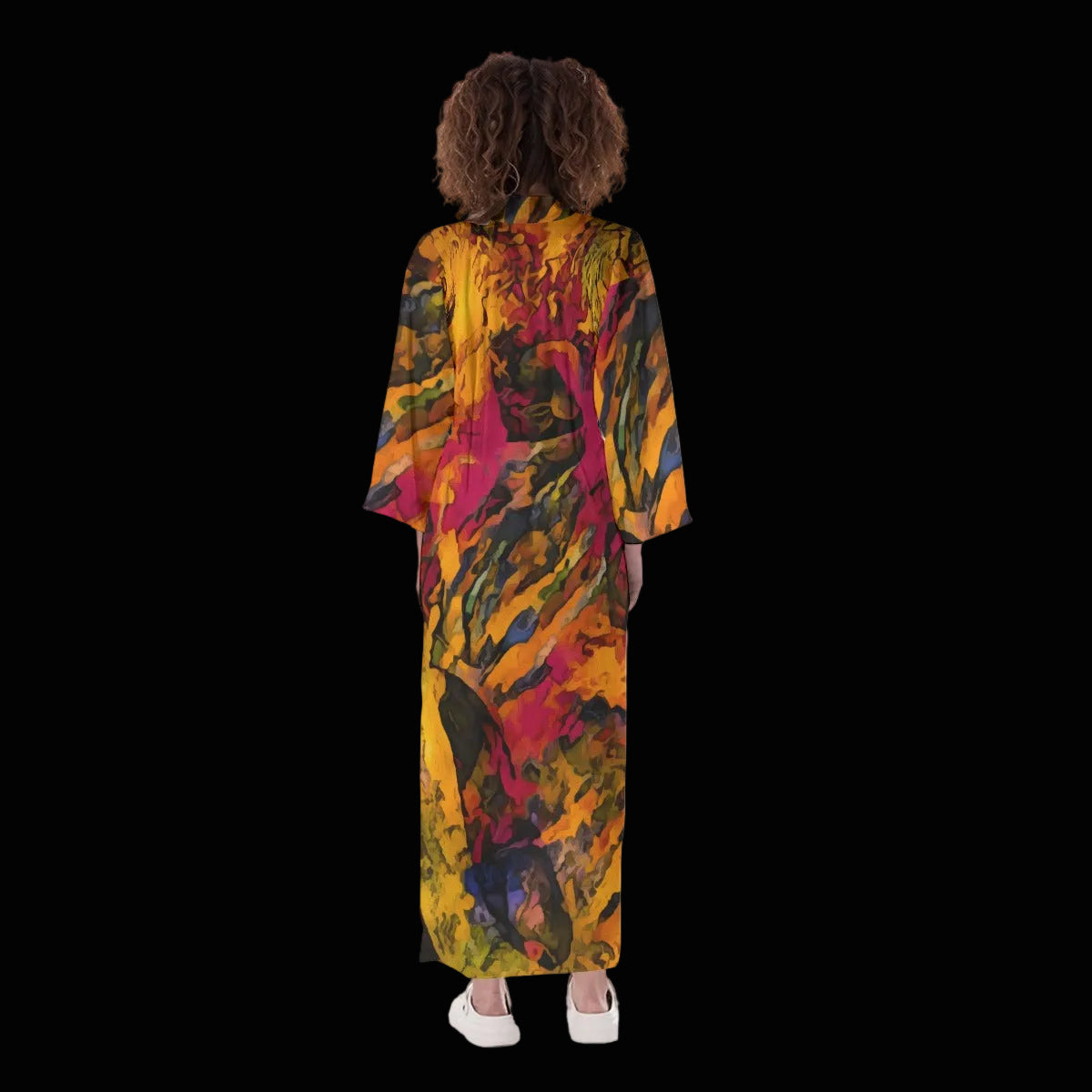 “Golden Flux”  Women's Long Satin Kimono Robe