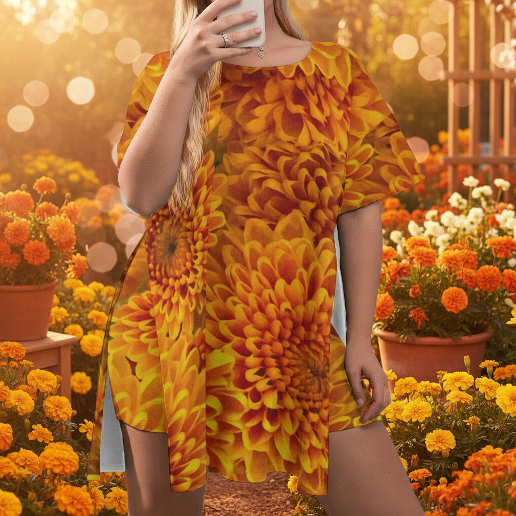 “Orange Chrysanthemum” Women's Drop-Shoulder T-Shirt with Side Split and Shorts (Plus Size)