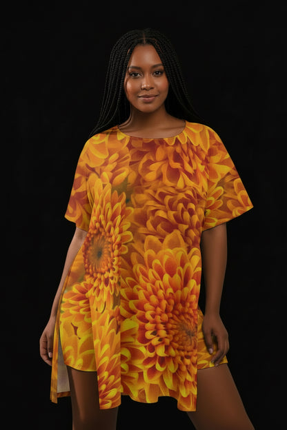“Orange Chrysanthemum” Women's Drop-Shoulder T-Shirt with Side Split and Shorts (Plus Size)