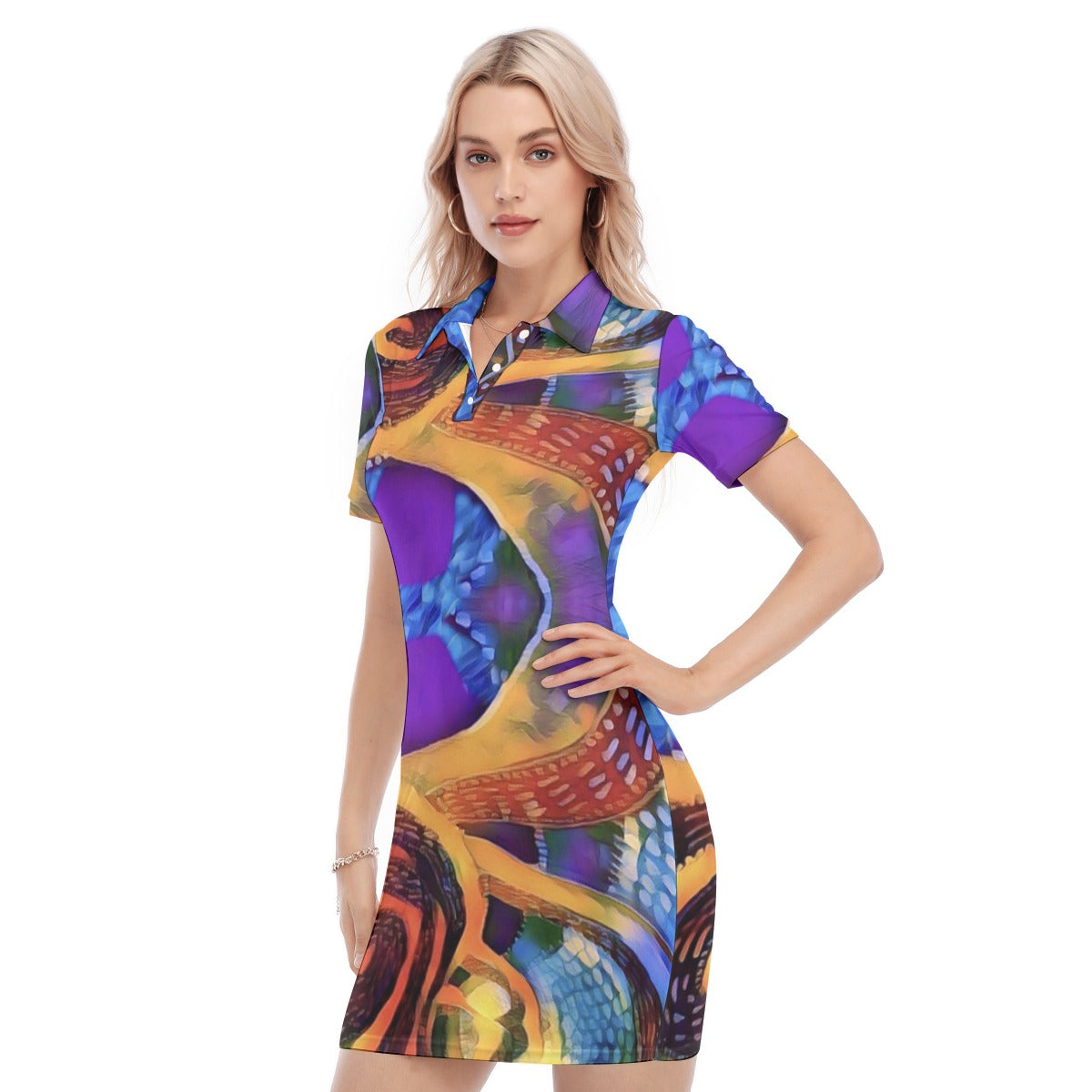 “Colour Vortex” Women's Polo Collar Dress