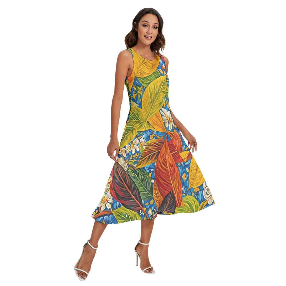 “Botanical Rhapsody” Sleeveless Dress With Diagonal Pocket