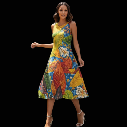 “Botanical Rhapsody” Sleeveless Dress With Diagonal Pocket