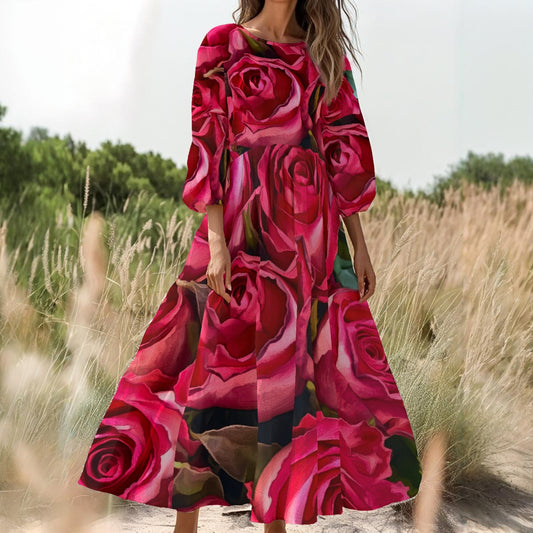 “Rose Red” Women's Long Sleeve Dress