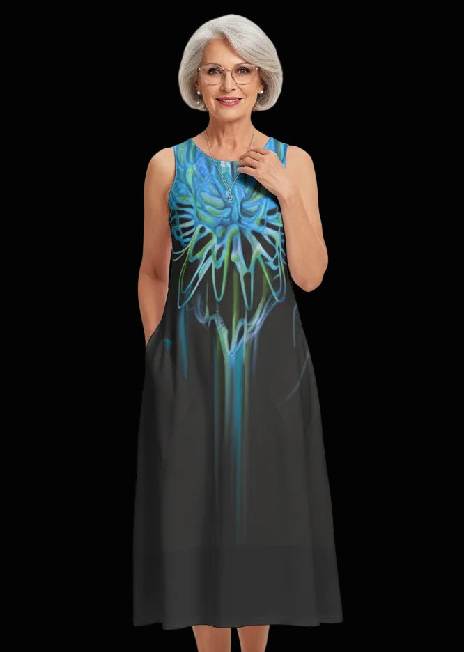 "Gothic Flora" Women's Sleeveless Dress with Diagonal Pocket