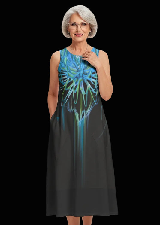 "Gothic Flora" Women's Sleeveless Dress with Diagonal Pocket