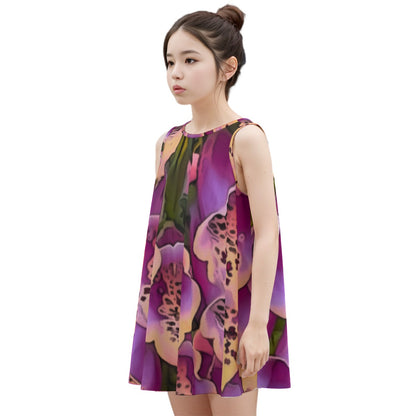 “Foxglove Cascade“ Kid's Sleeveless Dress | 180GSM Cotton