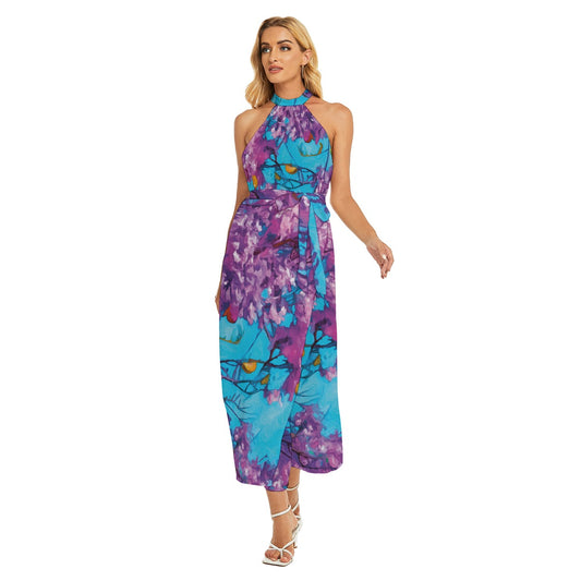 “Jacaranda Season” (Cobalt) Women's Wrap Hem Belted Halter Dress