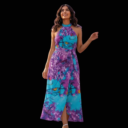 “Jacaranda Season” (Cobalt) Women's Wrap Hem Belted Halter Dress