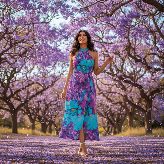 “Jacaranda Season” (Cobalt) Women's Wrap Hem Belted Halter Dress