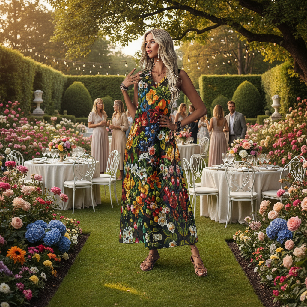 “Midnight Garden” Women's V-Neck Long Dress