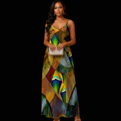 “Earthen Tessellation” Women's Elegant V-Neck Maxi Dress