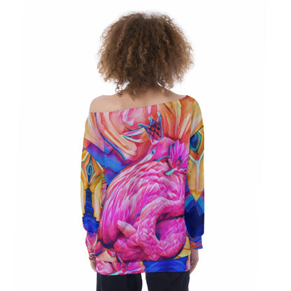 “Psychedelic Flamingo” Oversized Women's Off-Shoulder Sweatshirt
