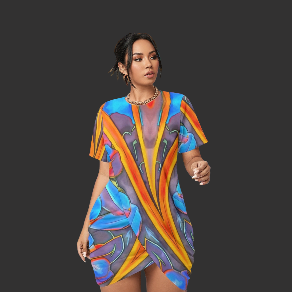 “Electric Bloom” Women’s Stacked Hem Dress With Short Sleeve（Plus Size）