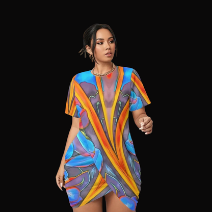 “Electric Bloom” Women’s Stacked Hem Dress With Short Sleeve（Plus Size）