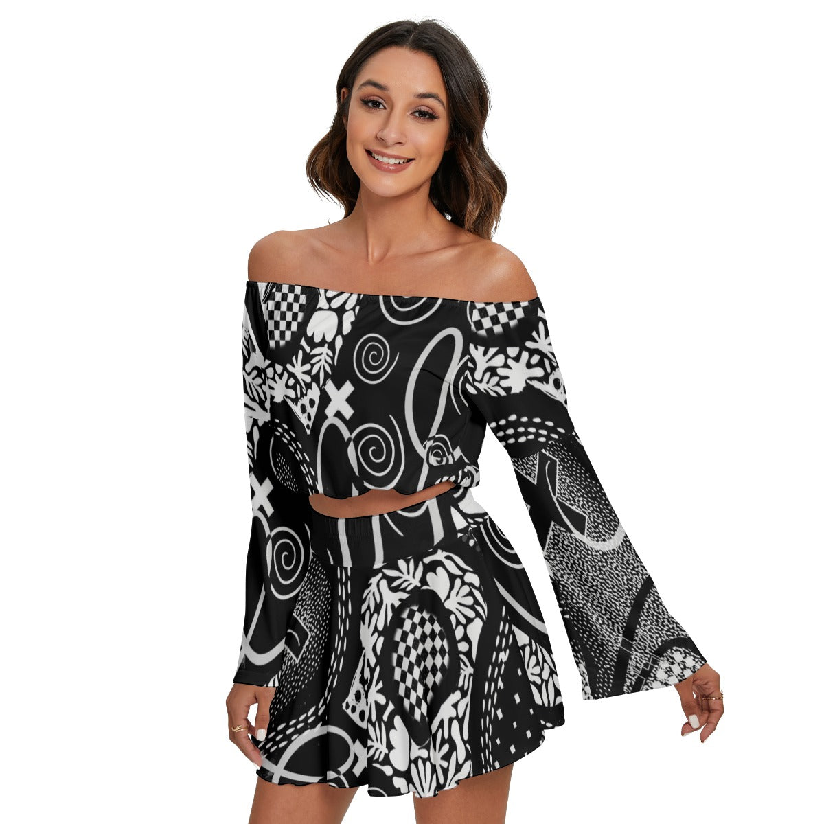 “Scribble”  Women's Off-shoulder Top And Skirt Set