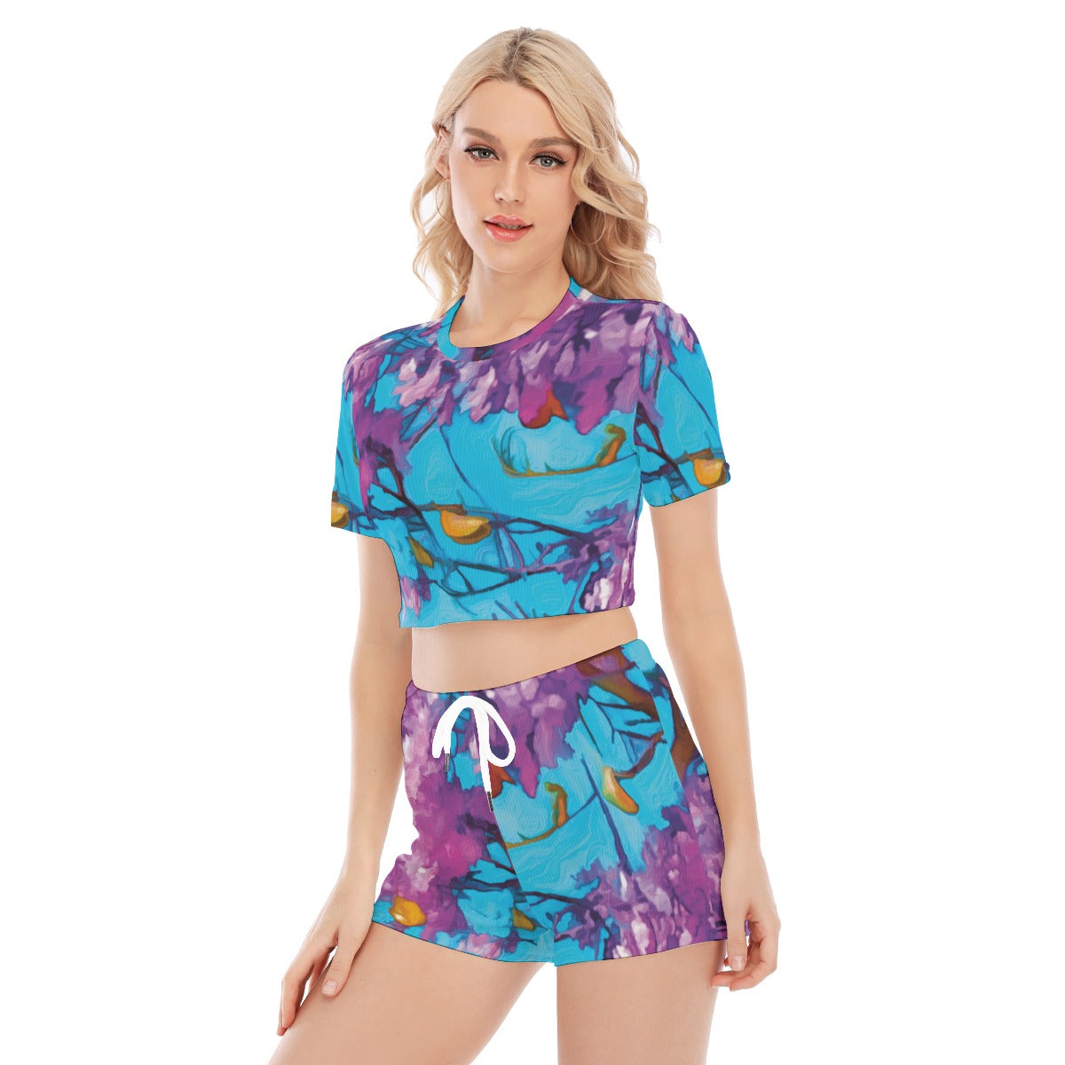 “Jacaranda Season” (Cobalt) Women's O-neck T-shirt Shorts Suit
